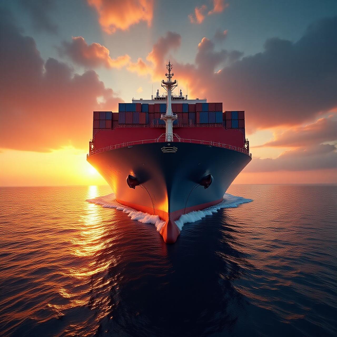 Global cargo vessel navigation at sunset