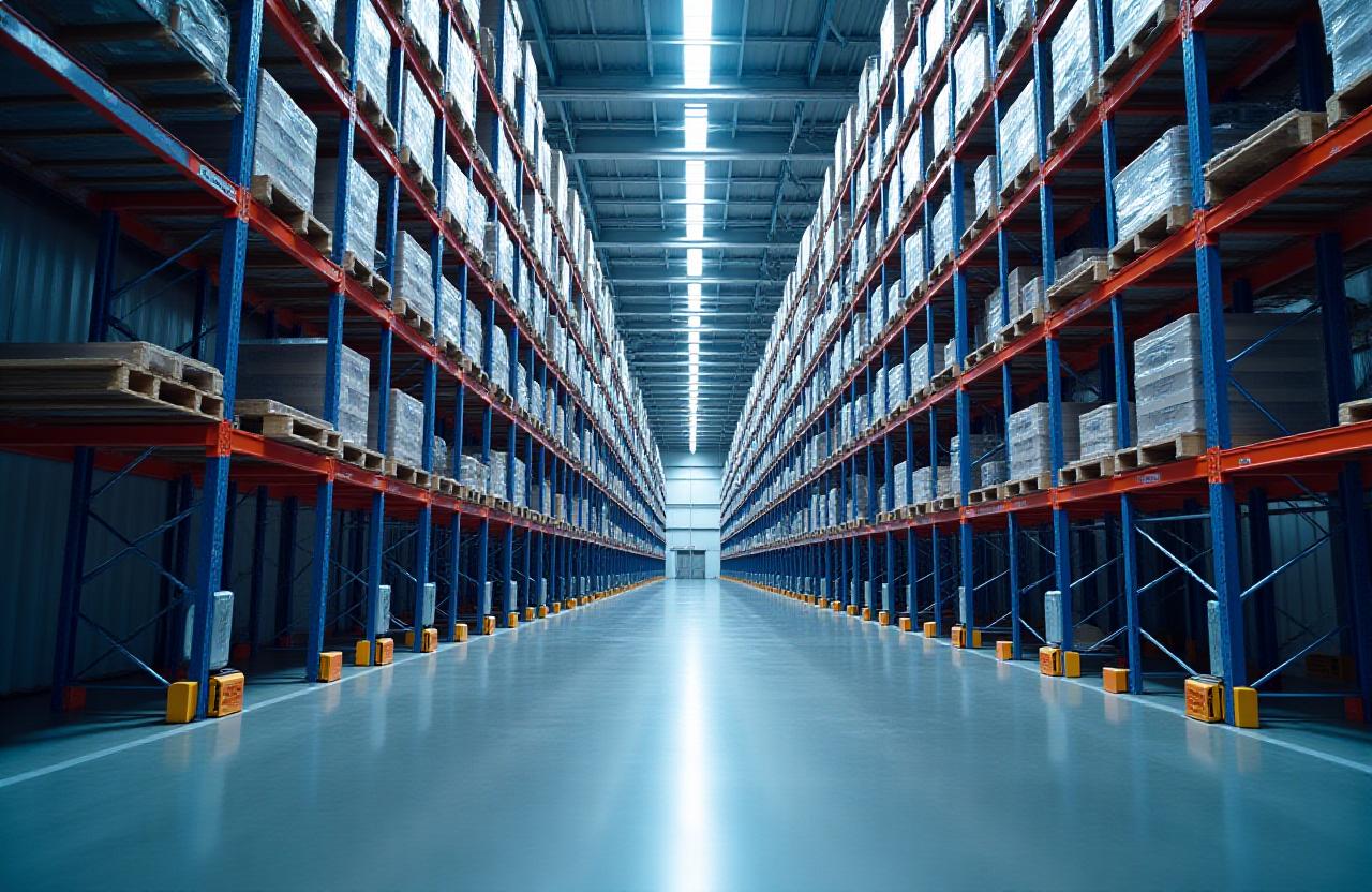 Modern automated warehouse racking with advanced lighting