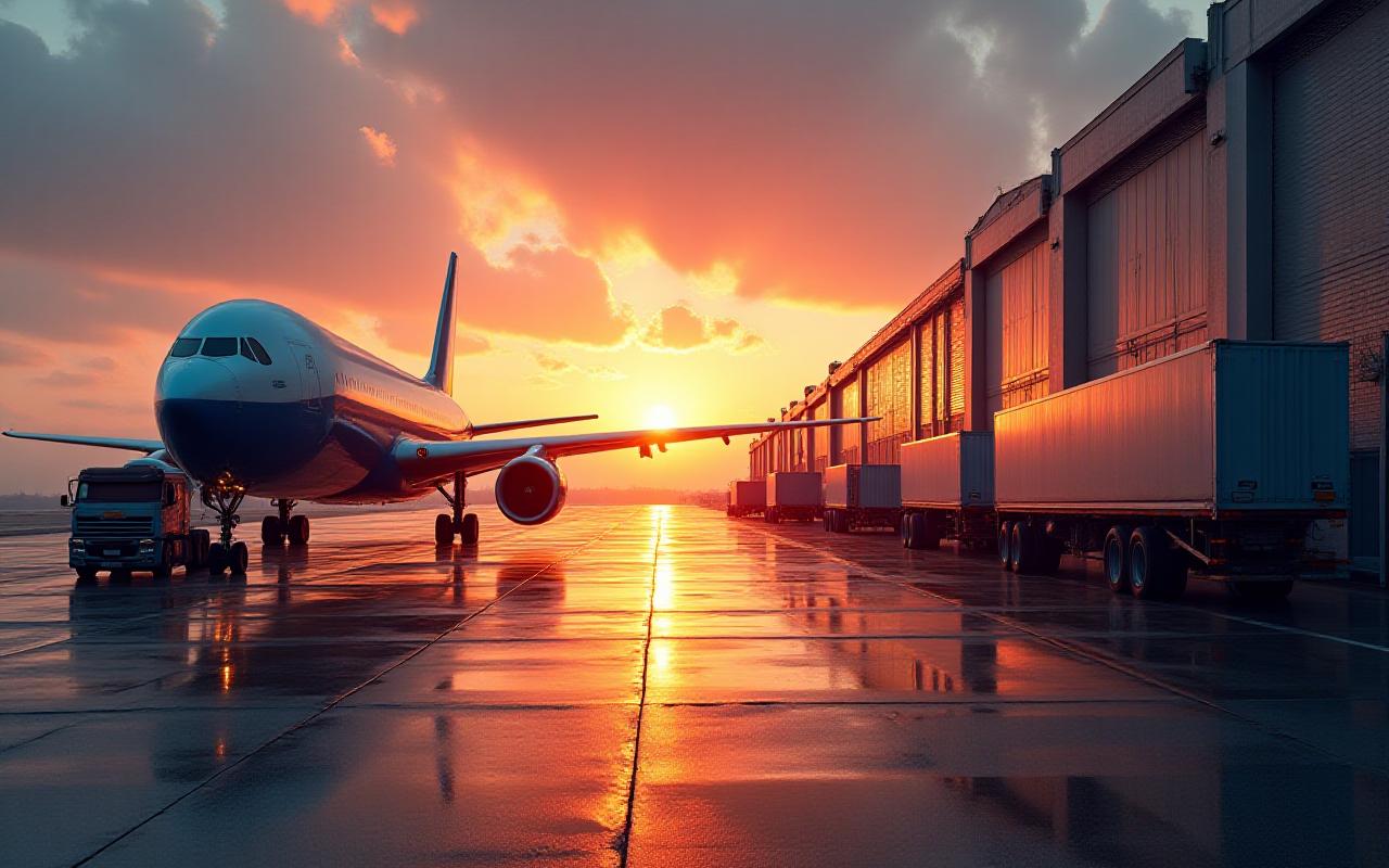 Modern logistics hub with cargo aircraft and trucks